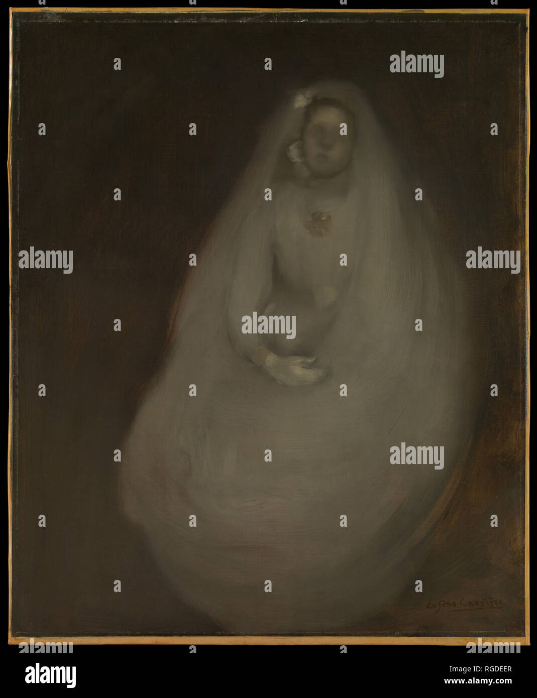 Die Erste Heilige Kommunion. Artist: Eugène Carrière (Französisch, Gournay 1849-1906 Paris). Abmessungen: 25 3/4 x 21 in. (65,4 x 53,3 cm). Datum: Ca. 1896. Ein Kind erste Kommunion oder die Teilnahme an der christlichen Eucharistie, das Ritual der Verbrauch des geweihten Brot und Wein, markiert eine geistige Wende. Dieses Gemälde und mehrere andere zum selben Thema wurden mit einem religiösen Triptychon, das Carrière über 1897 (aktuelle Position unbekannt erstellt). Die verhaltene Palette, Fluid brushwork und vereinfachte Formen geben einem Wraithlike Aspekt zu dem Mädchen, in Ihrem weißen Kommunion Kleid gehüllt Ein Stockfoto