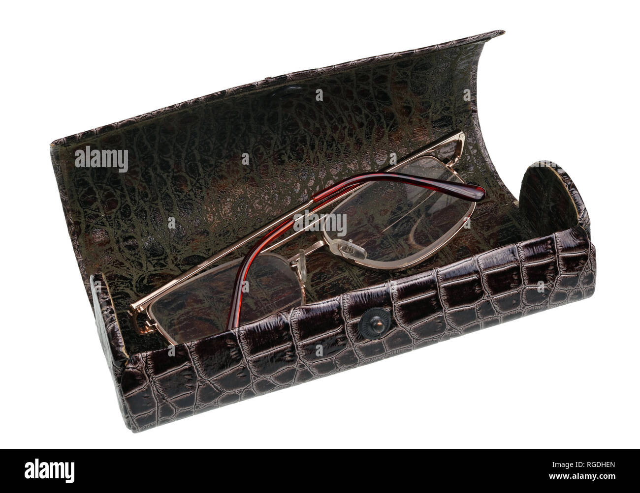 Meine Großmutter alte Gläser in Kunstleder. Auf weissem studio Makroaufnahme isoliert Stockfoto