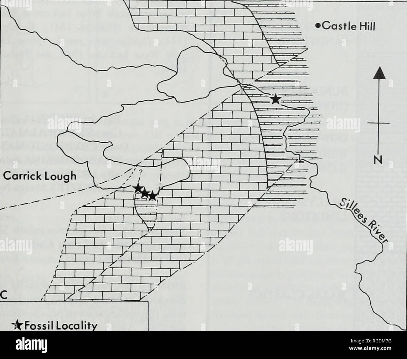. Bulletin der natürlichen Histort Museum. Geologie Serie. Ich ENNISKILLEN Castle Hill. "Ein 'Fossil Locality â âFault J - L | Dartry genießen Kalkstein Kalkstein ZUlGlencar Derrygonnelly ig. 1 Lage Karte anzeigen thie Gemeinden sammeln bei Carrick Lough und Sillees Fluss, County Fermanagh, Irland. tudy Material. Eine Reihe von Taxa aus diesen Sammlungen haben eassigned worden und im Licht der taxonomischen Arbeiten} ut Auf der Grafschaft Fermanagh Fauna redescribed durchgeführt. Ich Exemplare haben in einer Reihe von Museen hinterlegt worden. Die größte Sammlung im Naturhistorischen Museum gestellt wird, London Präfix BMNH PD Stockfoto
