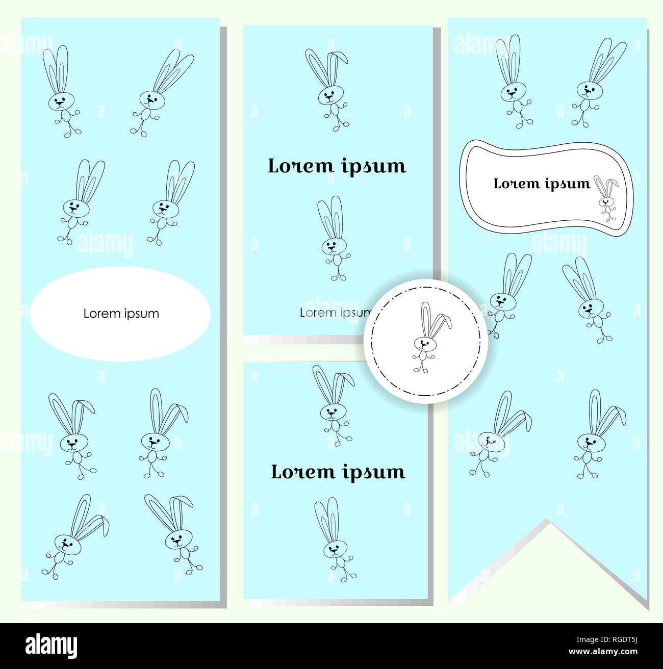 Charmante Postkarten-Set mit niedlichen Kontur Kaninchen in einem türkisen Hintergrund. Fahnen, Zertifikate, Flyer oder Banner für Kinder. Nettes Design Stil Stock Vektor