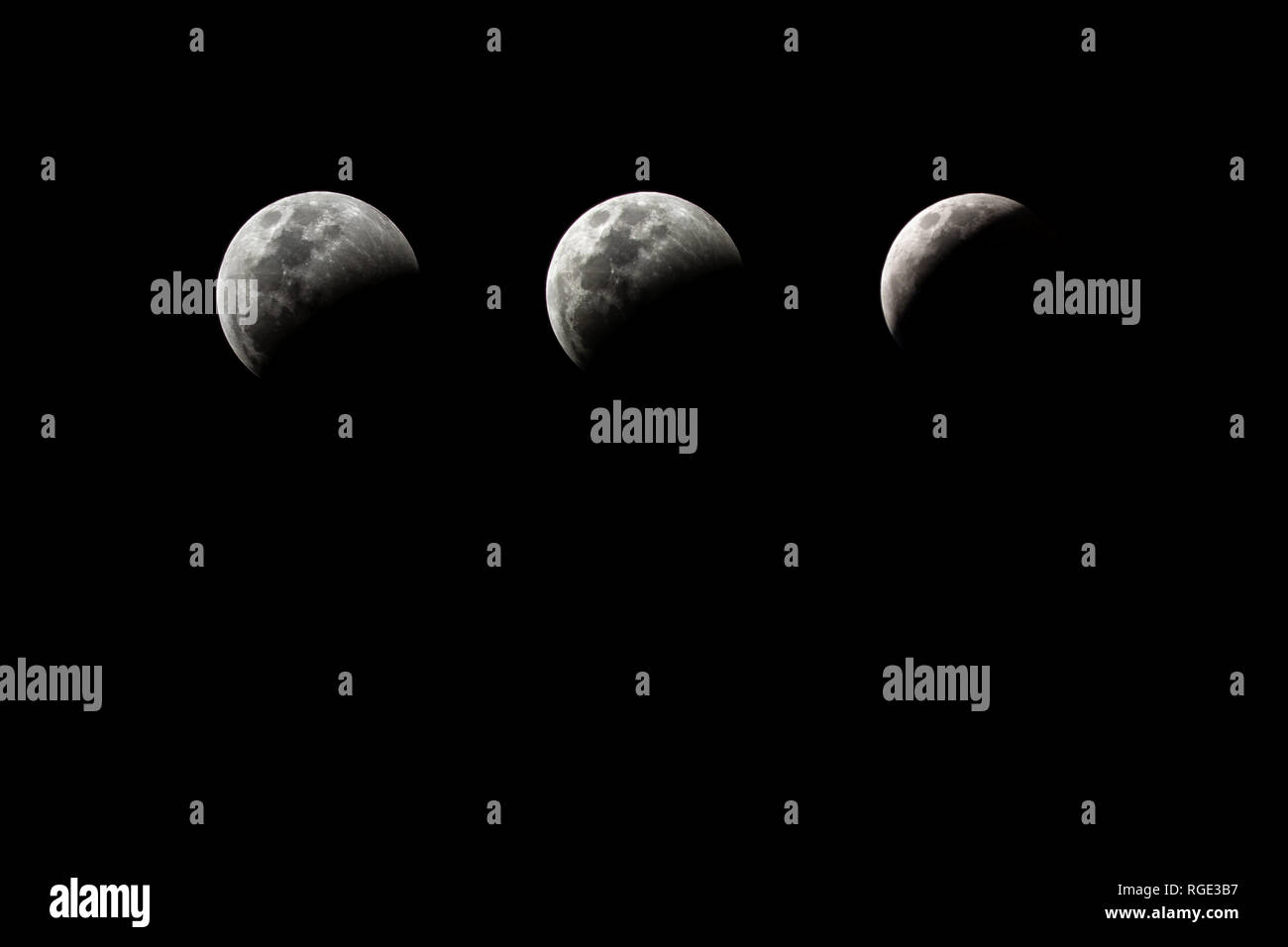 Fotografische Sequenz der Mondfinsternis in der Nacht vom 20. Januar 2019 eingetreten ist, von der Stadt Santa Clara, Kuba gesehen Stockfoto