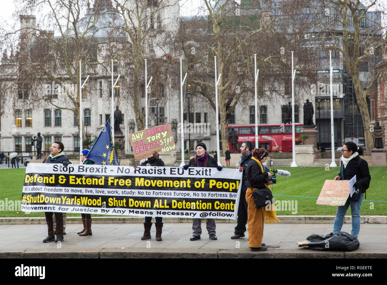 London, Großbritannien. 29. Januar, 2019. Aktivisten der Bewegung für Gerechtigkeit mit allen notwendigen Mitteln Protest gegen Brexit außerhalb der Palast von Westminster am Tag der Abstimmung im Unterhaus zu Änderungen der Premierminister Brexit Rückzug Abkommen, das den Inhalt der nächsten Stufe der Verhandlungen mit der Europäischen Union bestimmen konnte. Credit: Mark Kerrison/Alamy leben Nachrichten Stockfoto