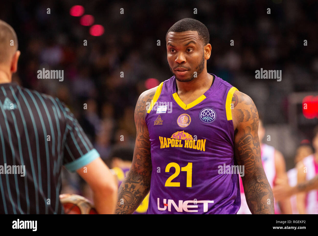 Bonn, Deutschland, 29. Januar 2019, Basketball, Champions League, Telekom Baskets Bonn vs Hapoel Unet Holon: Shawn Jones (Hapoel Holon) an schaut. Credit: Jürgen Schwarz/Alamy leben Nachrichten Stockfoto