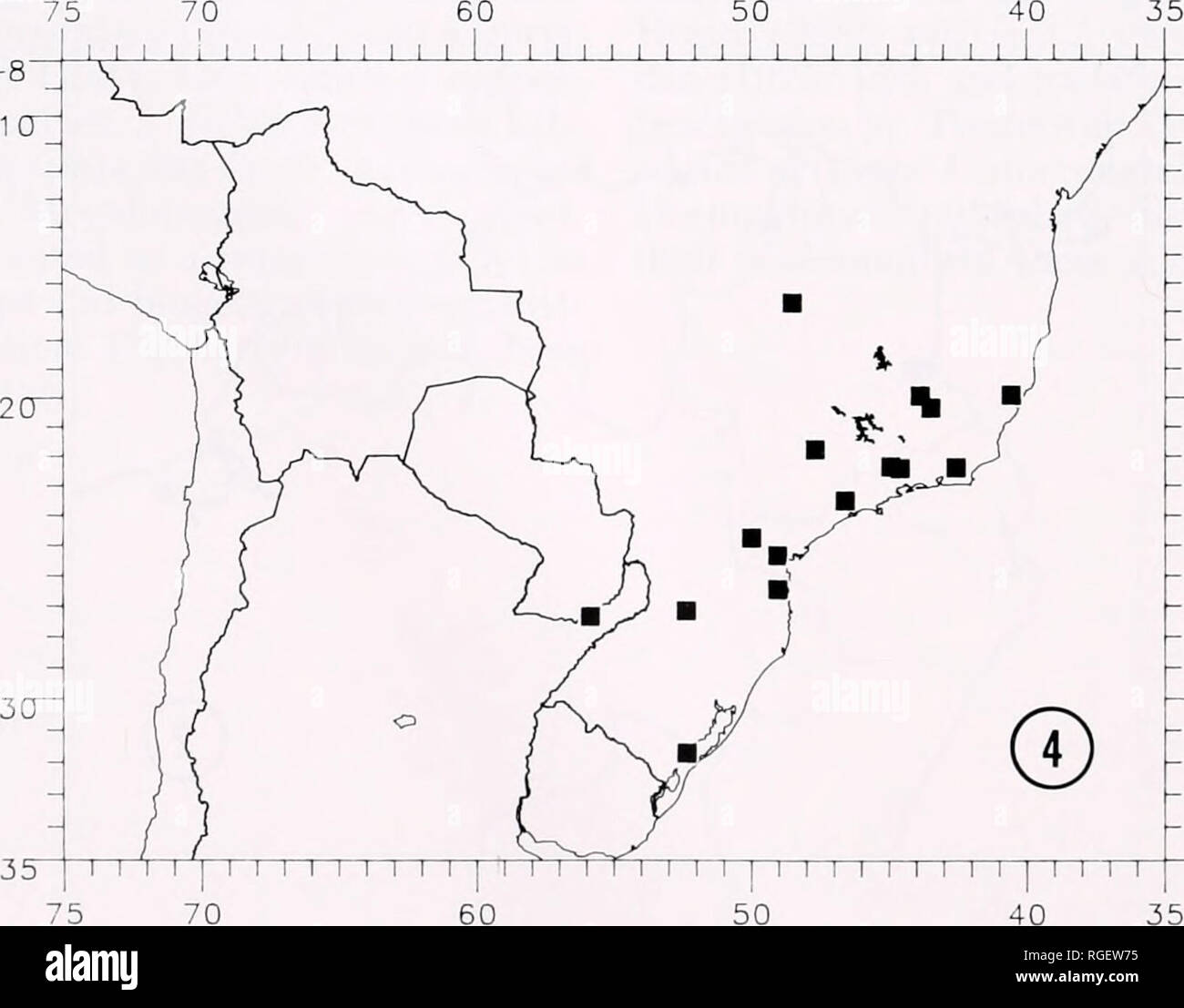 . Bulletin des Museums für Vergleichende Zoologie an der Harvard College. Zoologie. Abl. Abl. l l l i l [l i l I I L I I L I 90 80 70 60 50 40 30 Karte 3. Verteilung der Acraga Hamata (Quadrate) und A. andina (Dreiecke). 75 70. "-8 -10 -20 I I l l I I I l l l l l l i l l I I L-35 "-30 75 70 Karte 4. Verteilung der Acraga flava.. Bitte beachten Sie, dass diese Bilder sind von der gescannten Seite Bilder, die digital für die Lesbarkeit verbessert haben mögen - Färbung und Aussehen dieser Abbildungen können nicht perfekt dem Original ähneln. extrahiert. Harvard University. Museum für Vergleichende Zoologie. Cam Stockfoto