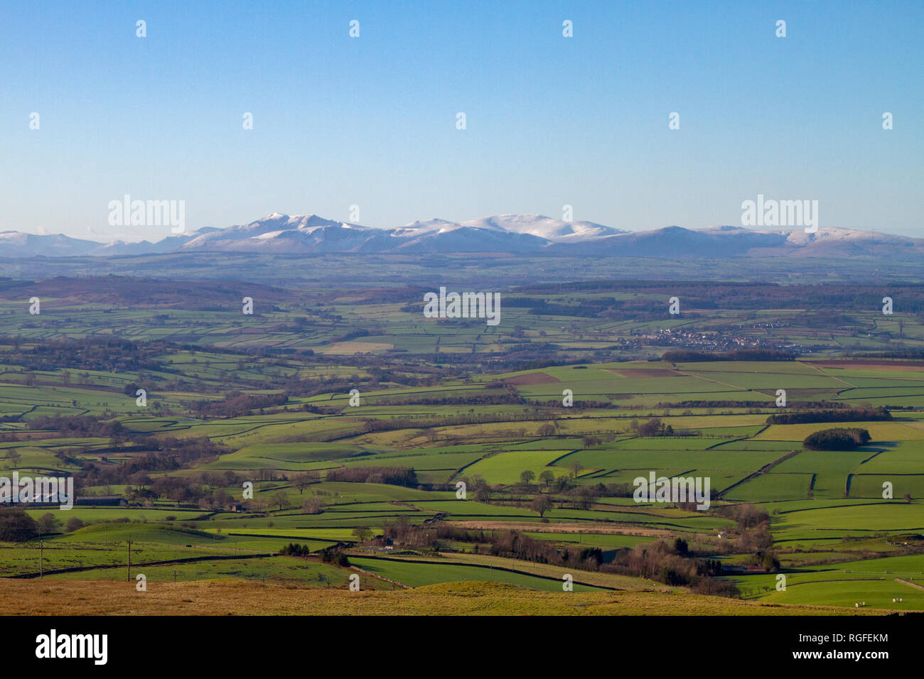 Blick über das Eden Valley in Richtung der nördlichen Seen, Cumbria Stockfoto