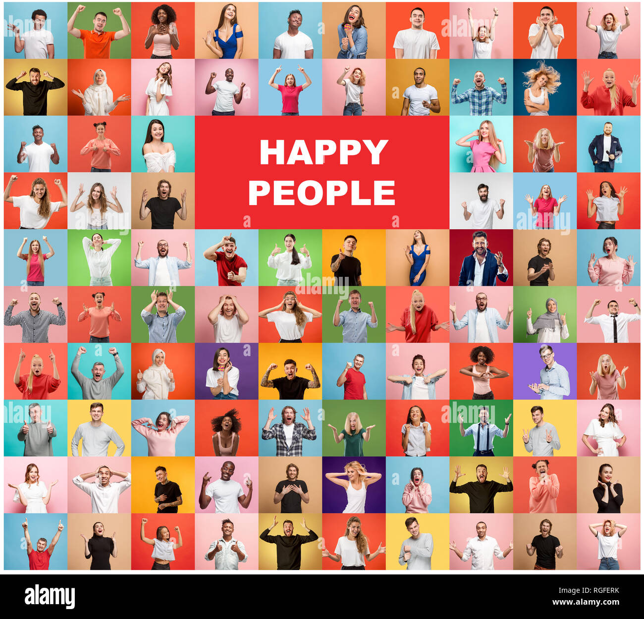 Die Collage, die Gesichter der Leute überrascht auf farbigen Hintergründen. Männer und Frauen glücklich lächelnd. Menschliche Gefühle, Mimik Konzept. Collage der verschiedenen menschlichen Mimik, Emotionen, Gefühle Stockfoto