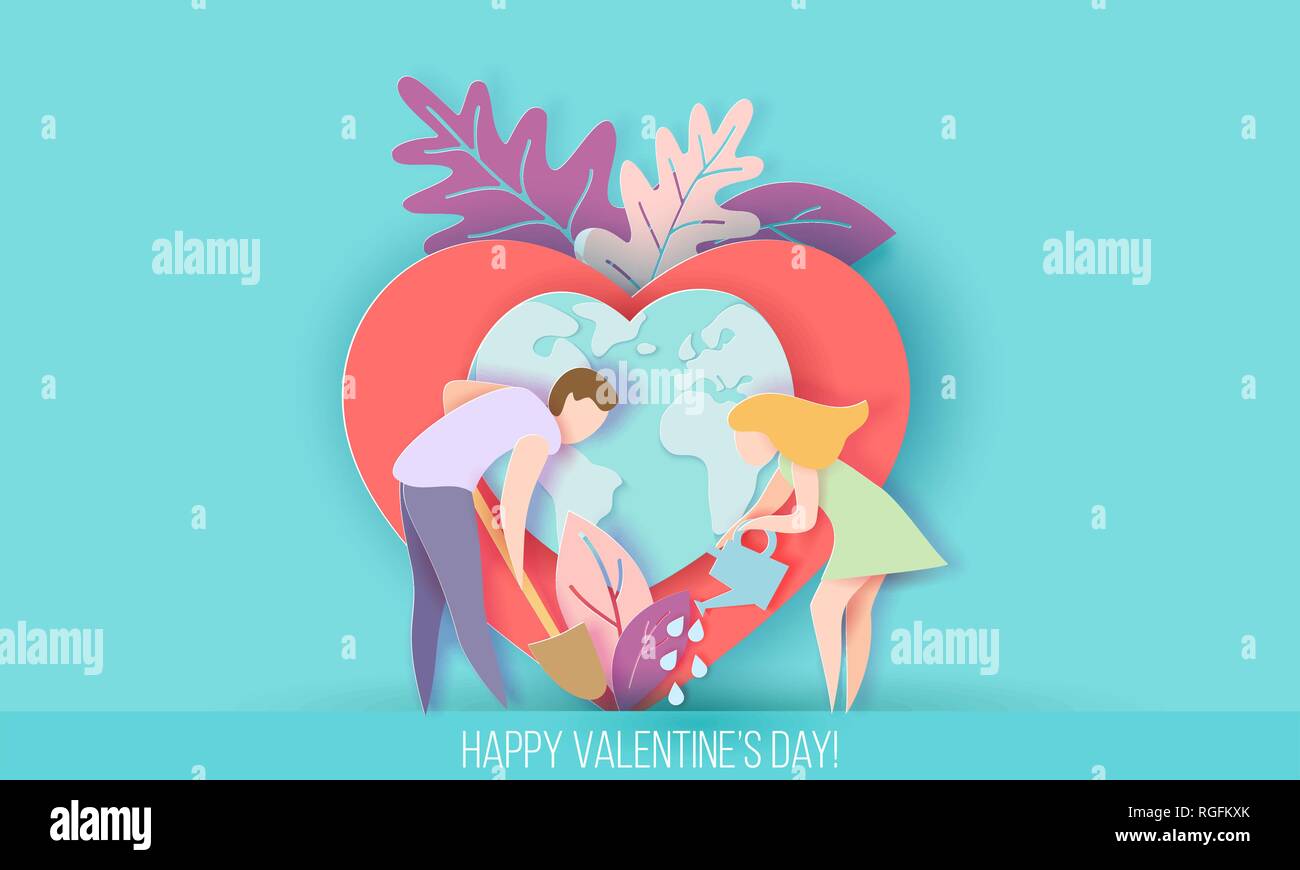 Valentines Tag Karte mit Paar kümmern Liebe Herz pflanze mit Eather Globus. Vektor Papier art Illustration. Papier geschnitten und Handwerk Stil. Stock Vektor