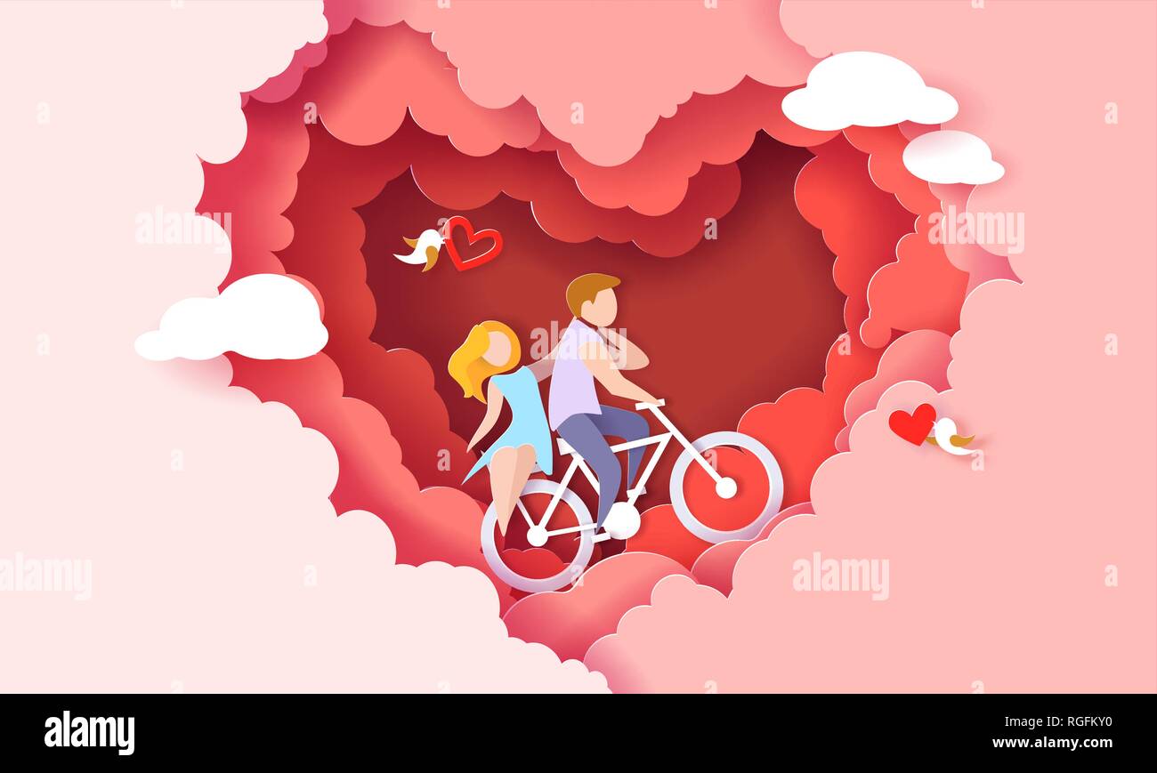 Valentines Tag Karte mit paar Reiten Fahrrad innerhalb der roten Wolken in Herzform. Vektor Papier art Illustration. Papier geschnitten und Handwerk Stil. Stock Vektor