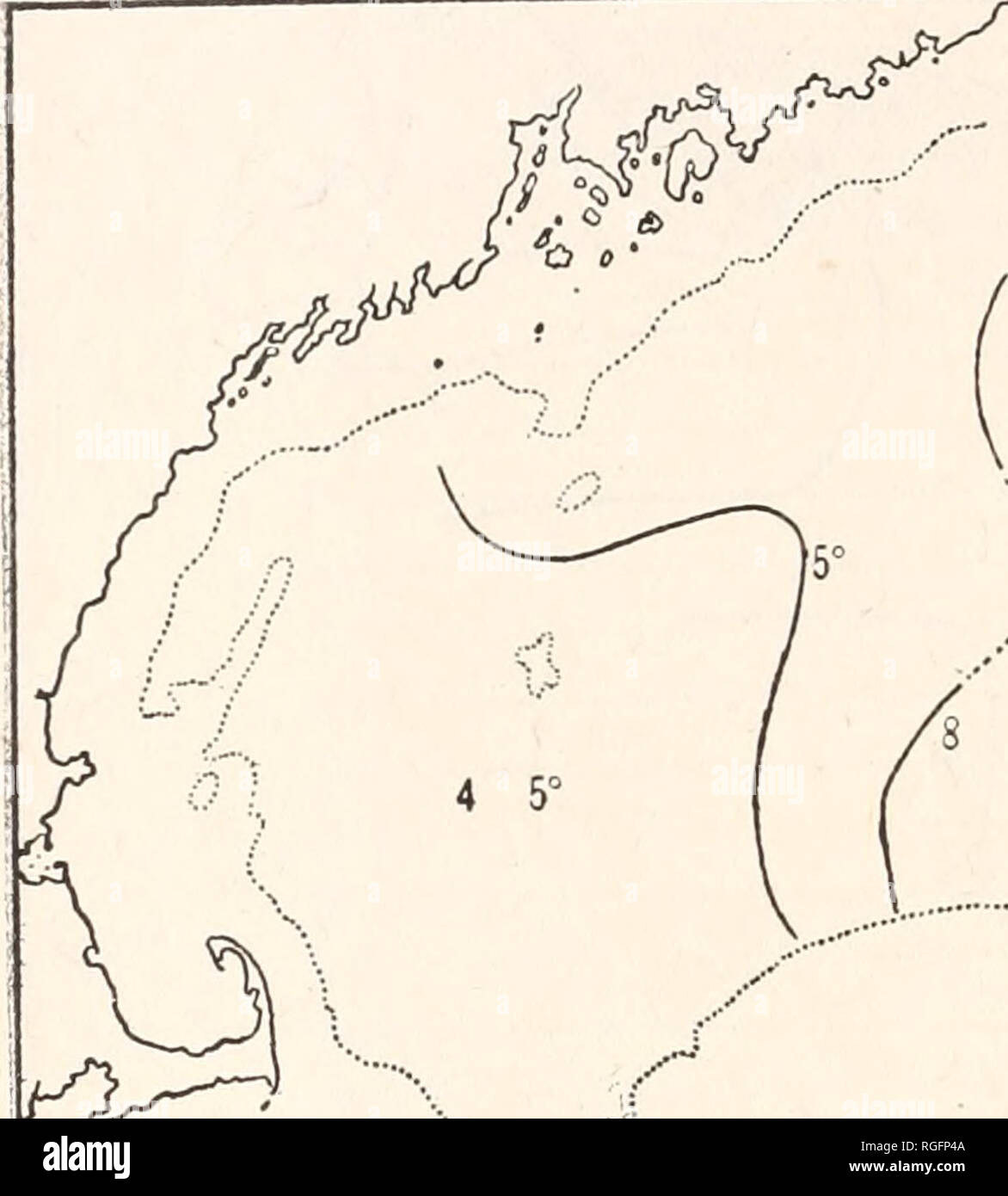 . Bulletin des Museums für Vergleichende Zoologie an der Harvard College. Zoologie. 182 Bulletin: Museum für Vergleichende Zoologie. Die niedrigste salinitäten aller (31% o) wie die niedrigsten Temperaturen in der Nähe der Südküste von Nova Scotia legen, Wasser frischer als 32 % o Verbreitung Seaward, fächerartig aus Sbelburne, mit einer offensichtlichen Tendenz rund um Cape Sable zu schwingen, im Gegensatz zu einem salter Zunge Ansatz - ing das Land aus Halifax. xttention sollte auch die Tatsache, dass die Oberfläche salinitäten Eine unverwechselbare frische Band legen, diagonal über Georges Bank, entsprechend der low Temp erstellt werden Stockfoto