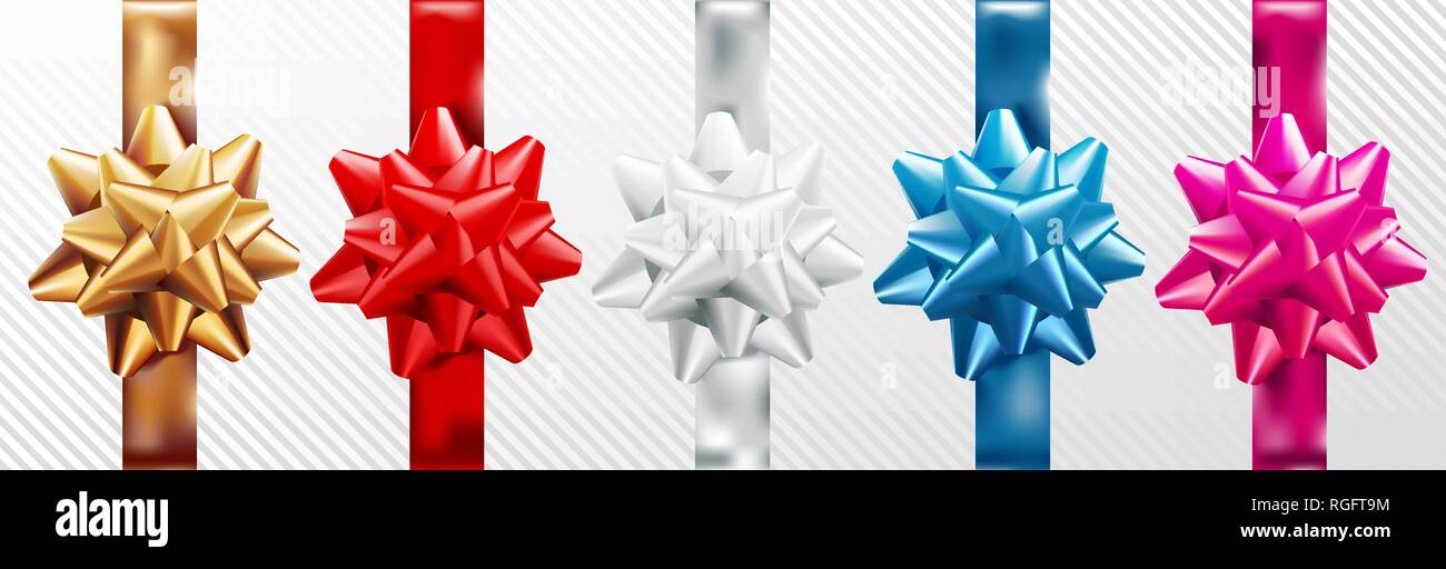 Gold, Rot, Silber, Blau, Rosa Geschenk Bug mit vertikalen Ribbon eingestellt. Auf weissem Hintergrund. Vector Illustration. Weihnachten, Neujahr, Geburtstag Stock Vektor