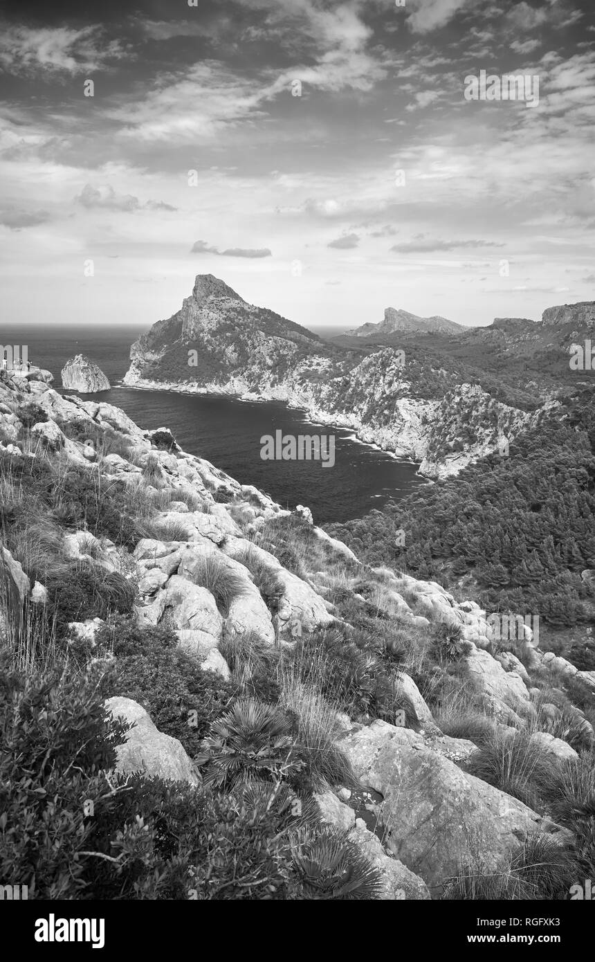 Schwarz-weiß Bild von Cap de Formentor, Mallorca, Balearen, Spanien. Stockfoto
