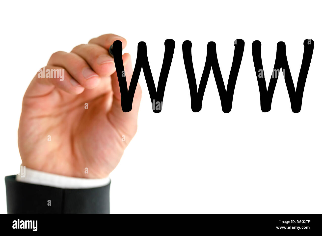 Nahaufnahme der Geschäftsmann schreiben www auf virtuellen Bildschirm mit schwarzem Marker. Stockfoto