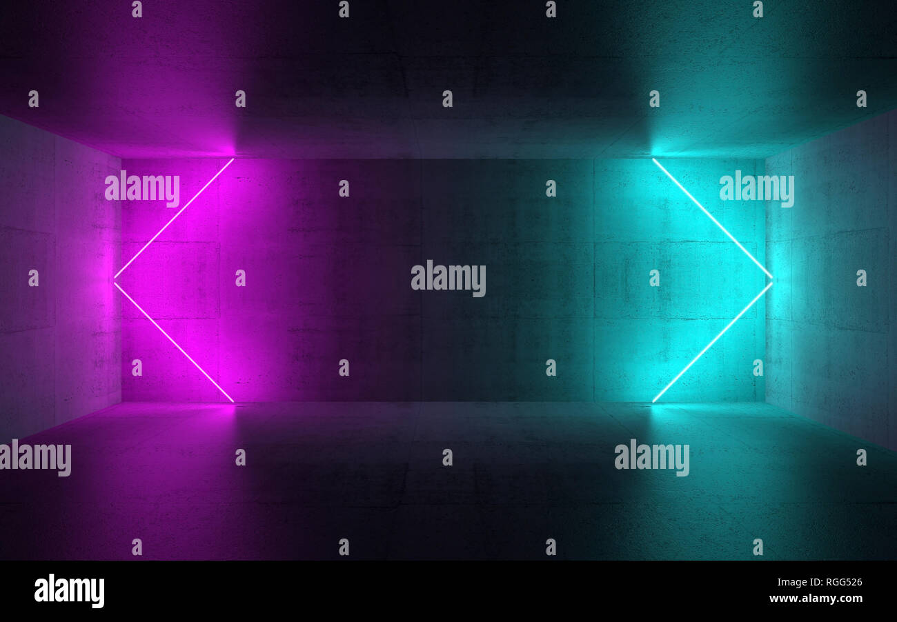 Abstrakte leeren dunklen konkrete Einrichtung mit bunten Neonlichtern installation, 3D-Rendering illustration Stockfoto