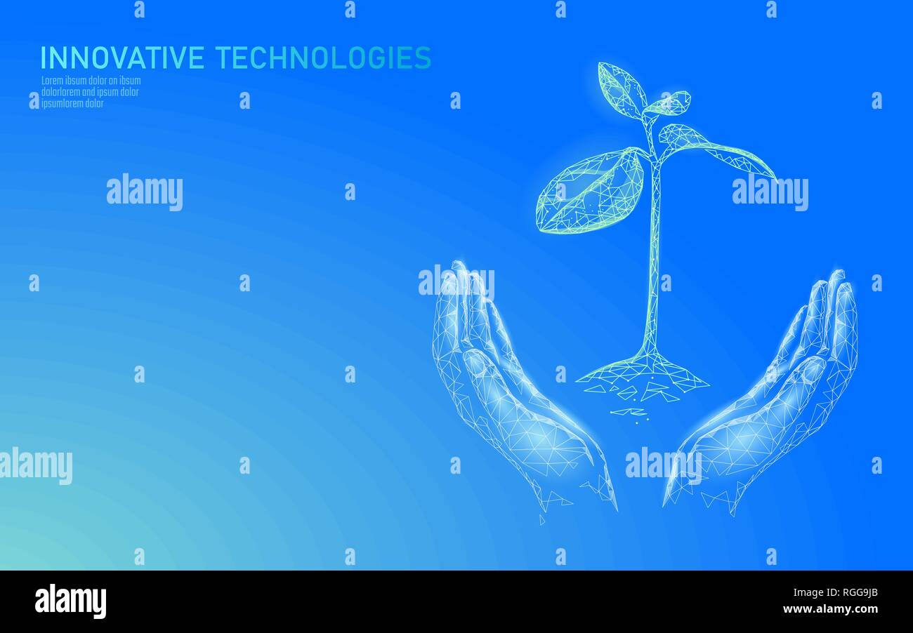 Hände, die Pflanze sprießen Ökologische abstraktes Konzept. 3D-Render Sämling Baum Blätter. Speichern planet Natur Umwelt wachsen Leben eco polygon Dreiecke Stock Vektor