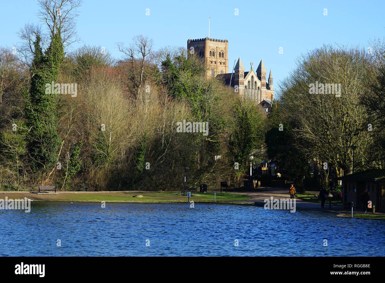 Ein Blick über den See bei Verulamium Park St Albans Cathedral Stockfoto
