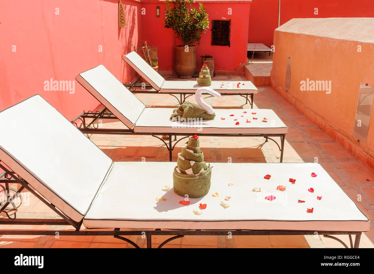 05-03-15, Marrakesch, Marokko. Das Riad Porte Royale. Liegestühle mit dekorativ gefaltete Handtücher und Rosenblättern. Foto: © Simon Grosset Stockfoto