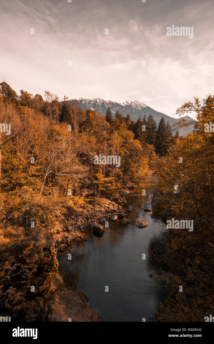 Schlucht Vintgar und Holz- Pfad, Bled, Slowenien mit Herbstfarben Stockfoto