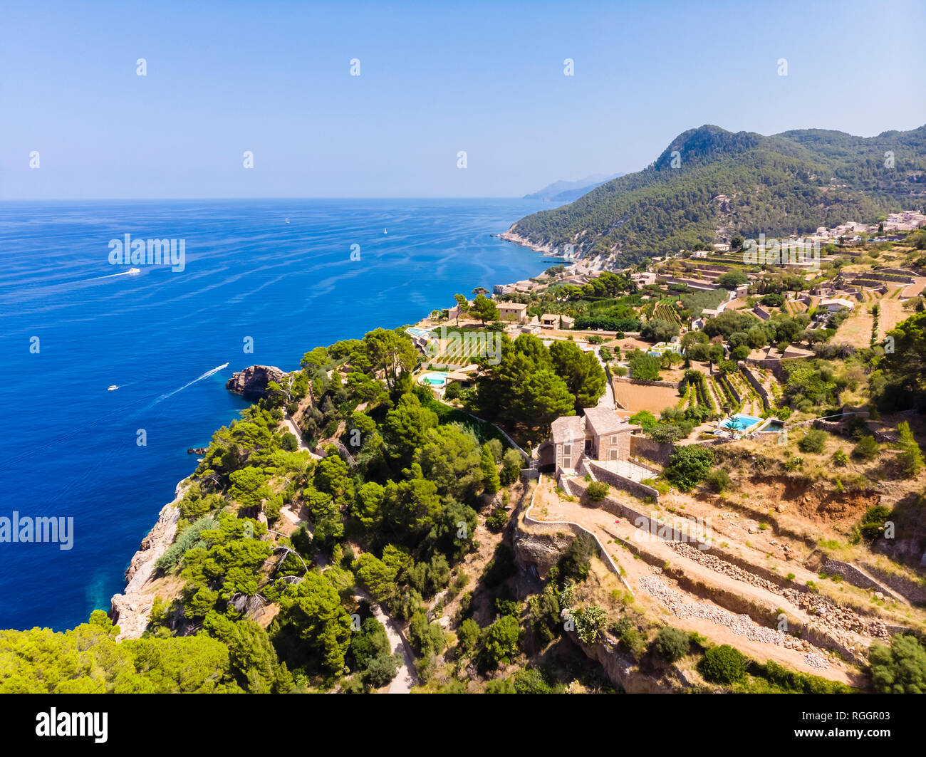 Spanien, Balearen, Mallorca, Region Banyalbufar, Westküste, Serra de Tramuntana. Stockfoto