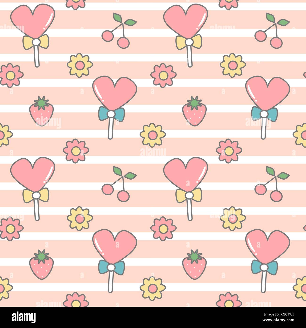 Süße schöne nahtlose Vektor Muster Hintergrund Abbildung mit Herz Lutscher, Daisy Blumen, Kirschen und Erdbeeren Stock Vektor