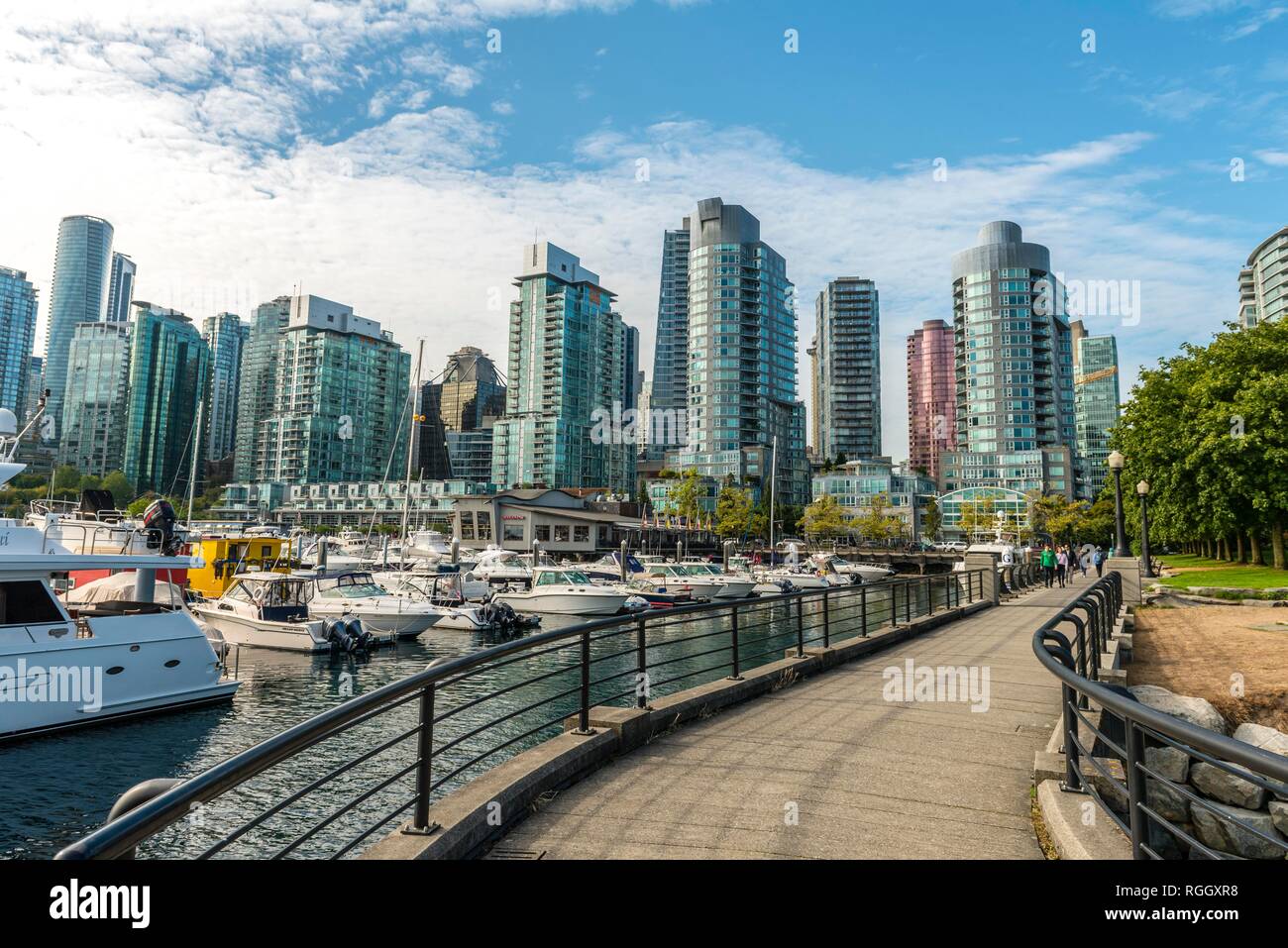 Hochhäuser auf der Promenade am Yachthafen, Coal Harbour, Vancouver, British Columbia, Kanada Stockfoto