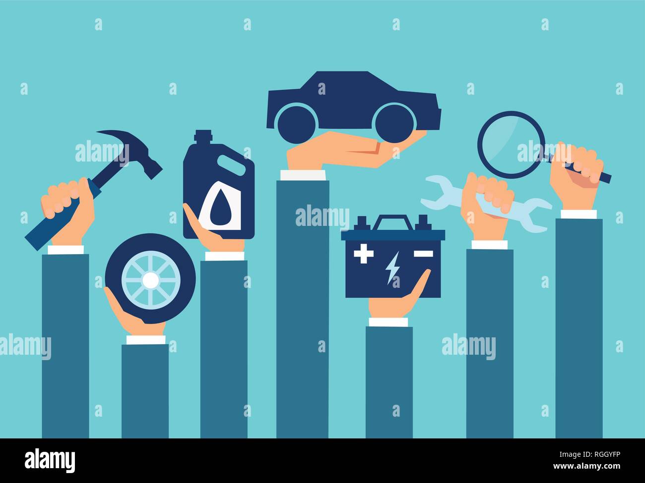 Vektor für Auto Service- und Wartungskonzept auf blauem Hintergrund isoliert Stock Vektor