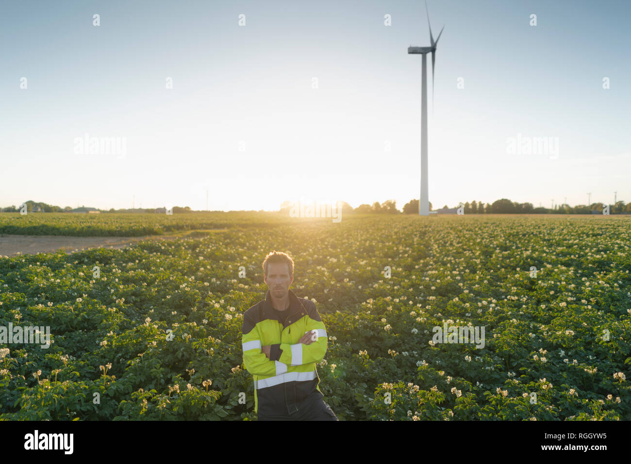 Techniker stehen in einem Feld zu einer Windenergieanlage Stockfoto