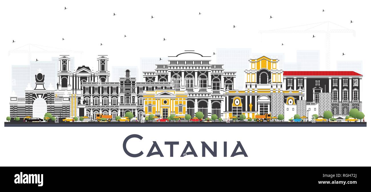 Catania Italien City Skyline mit grauen Gebäude isoliert auf Weiss. Vector Illustration. Business Travel und Tourismus Konzept mit historischer Architektur. Stock Vektor