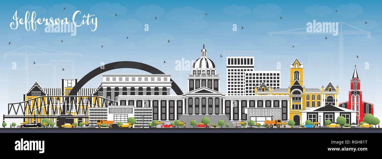 Jefferson City Missouri Skyline mit Farbe Gebäude und blauer Himmel. Vector Illustration. Business Travel und Tourismus Konzept mit historischer Architektur Stock Vektor