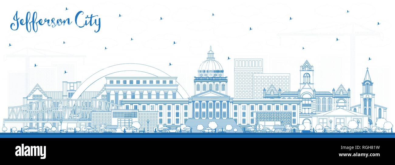 Umrisse Jefferson City Missouri Skyline mit blauen Gebäude. Vector Illustration. Business Travel und Tourismus Konzept mit historischer Architektur. Stock Vektor