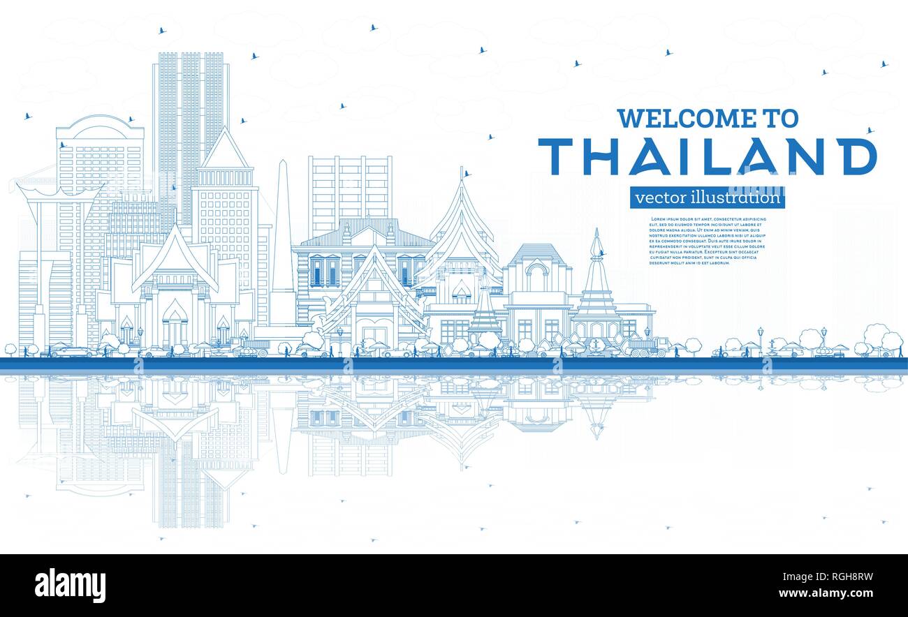 Überblick Willkommen in Thailand die Skyline der Stadt mit blauen Gebäude und Reflexionen. Vector Illustration. Tourismus Konzept mit historischer Architektur. Stock Vektor