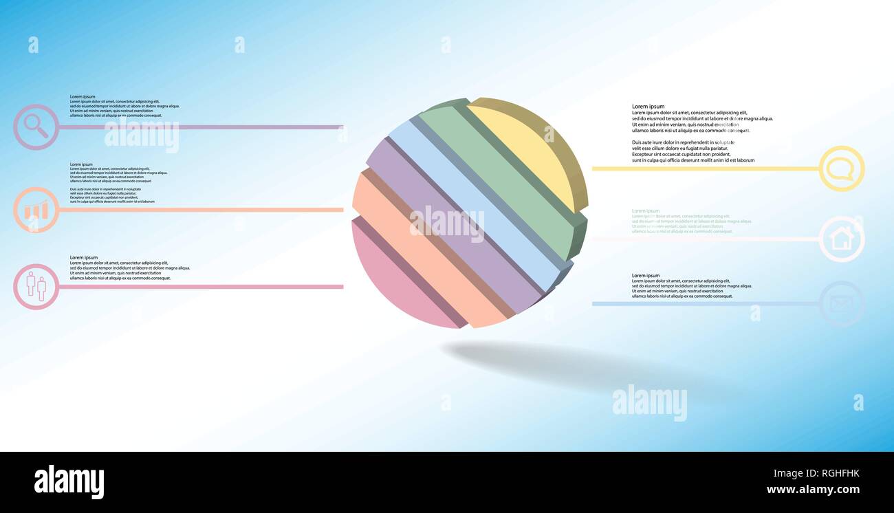3D-Illustration Infografik Vorlage. Die geprägte Ring ist schief in sechs Teile geteilt. Objekt ist auf Blau Weiß Hintergrund angeordnet. Farbe Linien Stock Vektor