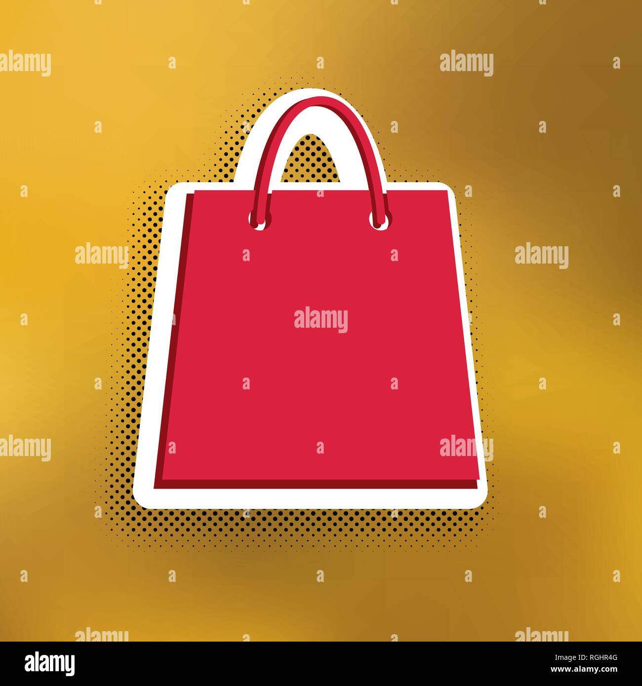 Shopping Bag Abbildung. Vektor. Magenta Symbol mit dunkleren Schatten, weißen Aufkleber und Schwarz popart Schatten auf goldenem Hintergrund. Stock Vektor