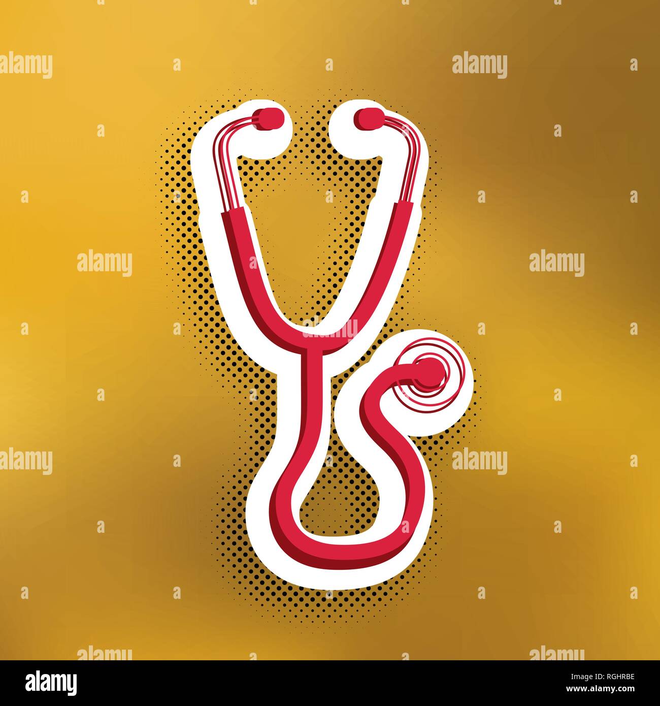 Stethoskop zeichen Abbildung. Vektor. Magenta Symbol mit dunkleren Schatten, weißen Aufkleber und Schwarz popart Schatten auf goldenem Hintergrund. Stock Vektor