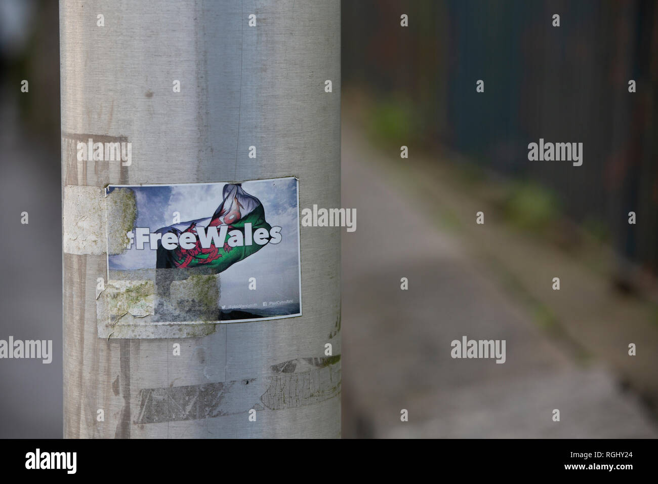 Ein Aufkleber mit hashtag FreeWales (Wales) auf einem Laternenpfahl klemmt Stockfoto