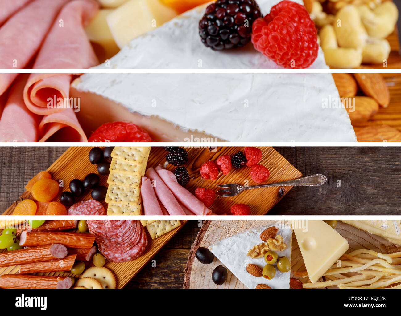 Verschiedene Käse mit Oliven auf Schinken und Salami wurst Tabelle Collage aus verschiedenen Bilder Stockfoto