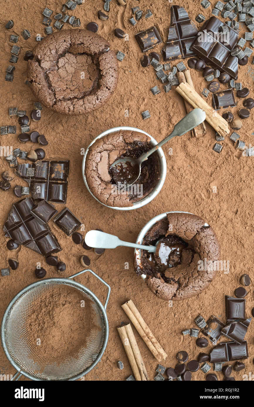 Hausgemachte Schokolade Fondant Pudding von Kakaopulver und Schokolade chunks umgeben Stockfoto