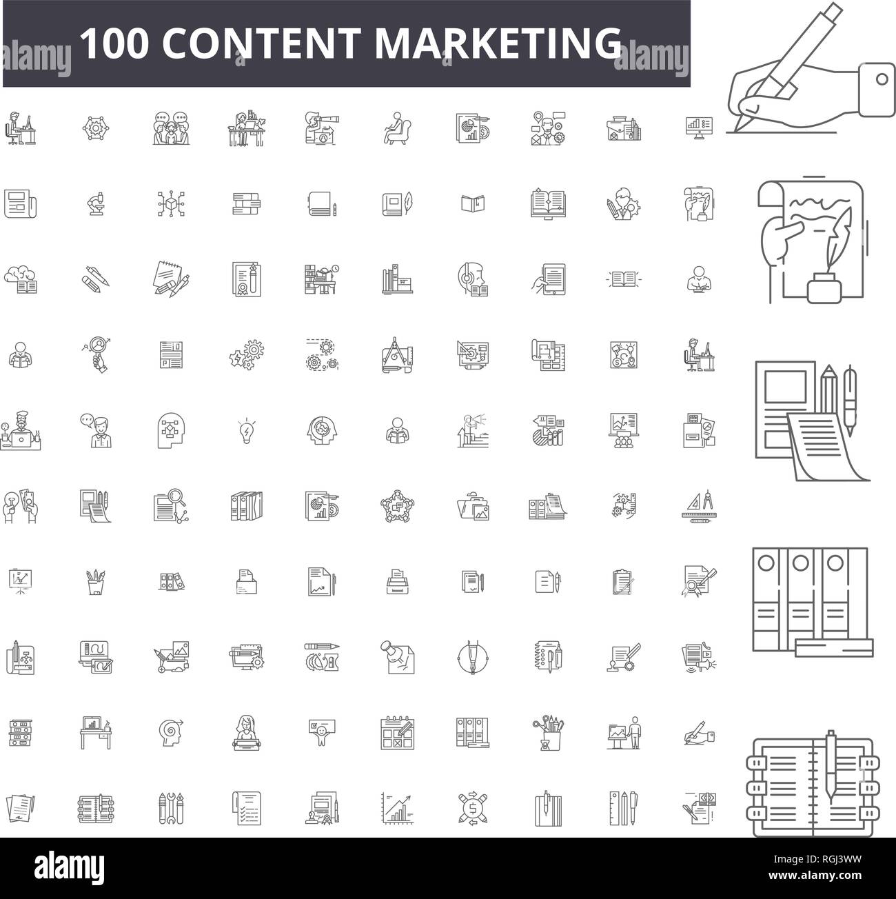 Content Marketing bearbeitbare Zeile Icons, 100 Vector eingestellt, Sammlung. Content Marketing schwarzer Umriss Abbildungen, Zeichen, Symbole Stock Vektor
