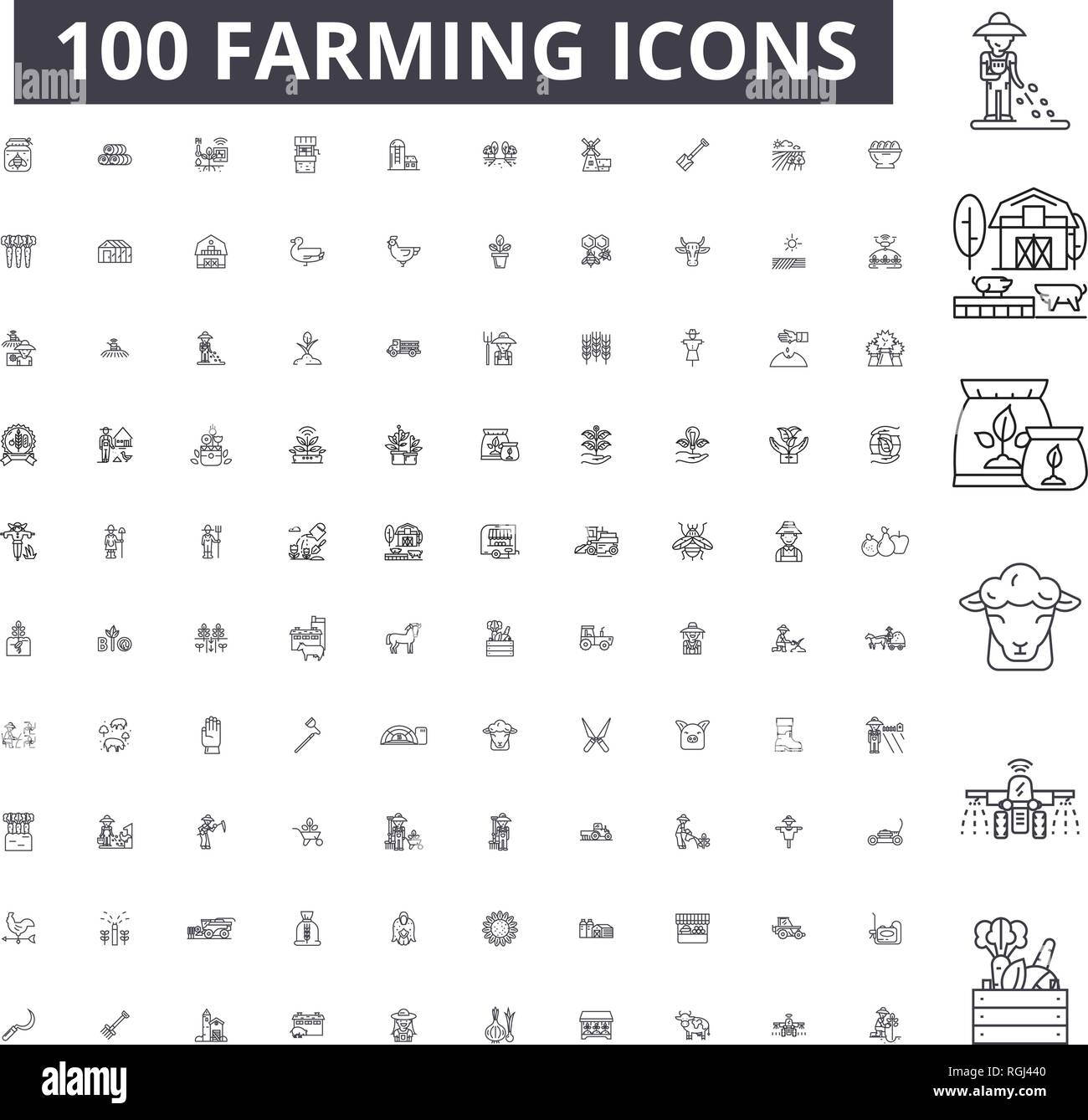 Landwirtschaft bearbeitbare Zeile Icons, 100 Vector eingestellt, Sammlung. Landwirtschaft, schwarzer Outline Abbildungen, Zeichen, Symbole Stock Vektor