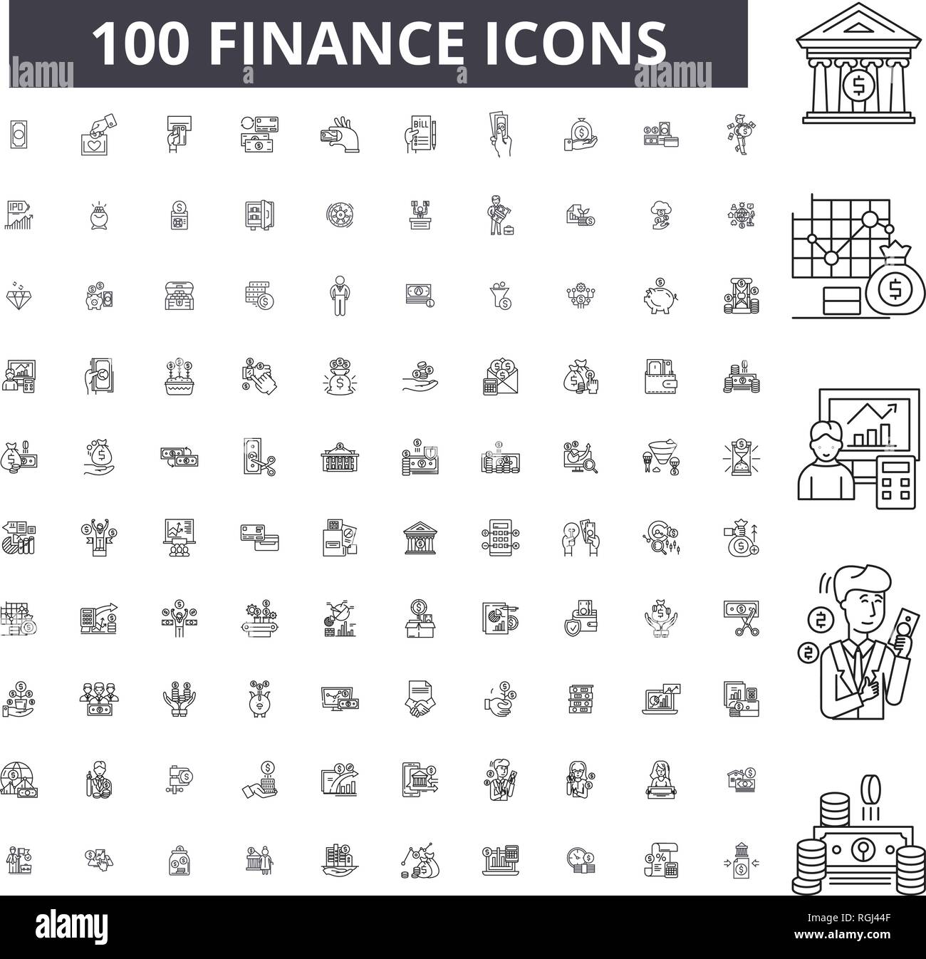 Finanzen bearbeitbare Zeile Icons, 100 Vector eingestellt, Sammlung. Finanzen schwarzer Umriss Abbildungen, Zeichen, Symbole Stock Vektor