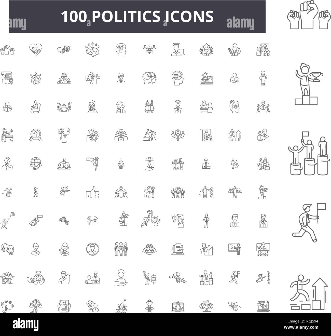 Politik bearbeitbare Zeile Icons, 100 Vector eingestellt, Sammlung. Politik schwarzer Umriss Abbildungen, Zeichen, Symbole Stock Vektor
