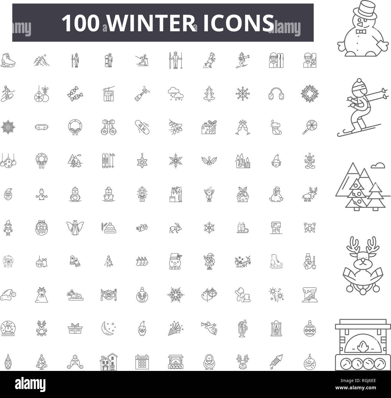 Winter bearbeitbare Zeile Icons, 100 Vector eingestellt, Sammlung. Winter, schwarzer Outline Abbildungen, Zeichen, Symbole Stock Vektor