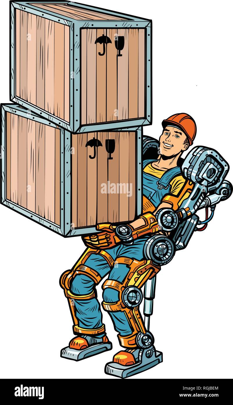 Container Lader. in das exoskelett arbeiten. Pop Art retro Vektor illustration Kitsch vintage Zeichnung Stock Vektor