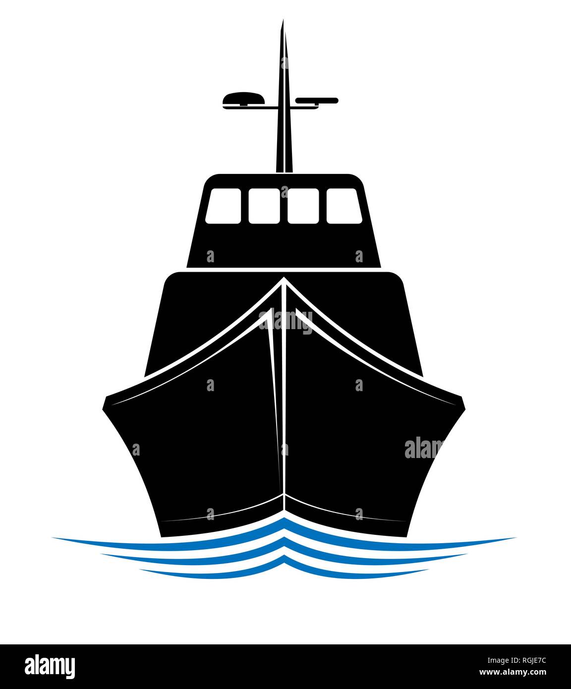 Vorderansicht eines schwimmenden Schiff, Schlepper oder Boot. Logo für das Meer, das Meer oder den Fluss Transportunternehmen Stock Vektor