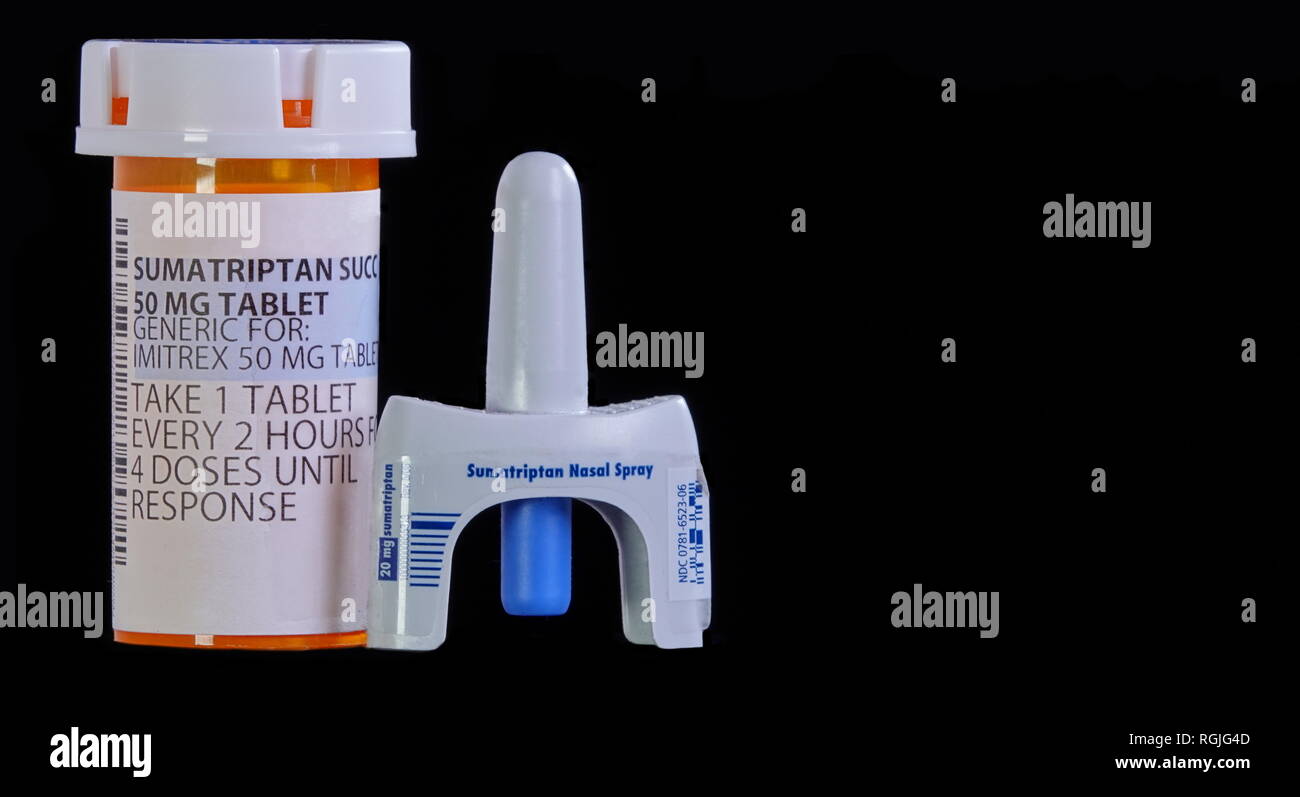Sumatriptan Tabletten und Nasenspray - die am häufigsten verordneten gescheiterten Migräne Medikamente. Stockfoto
