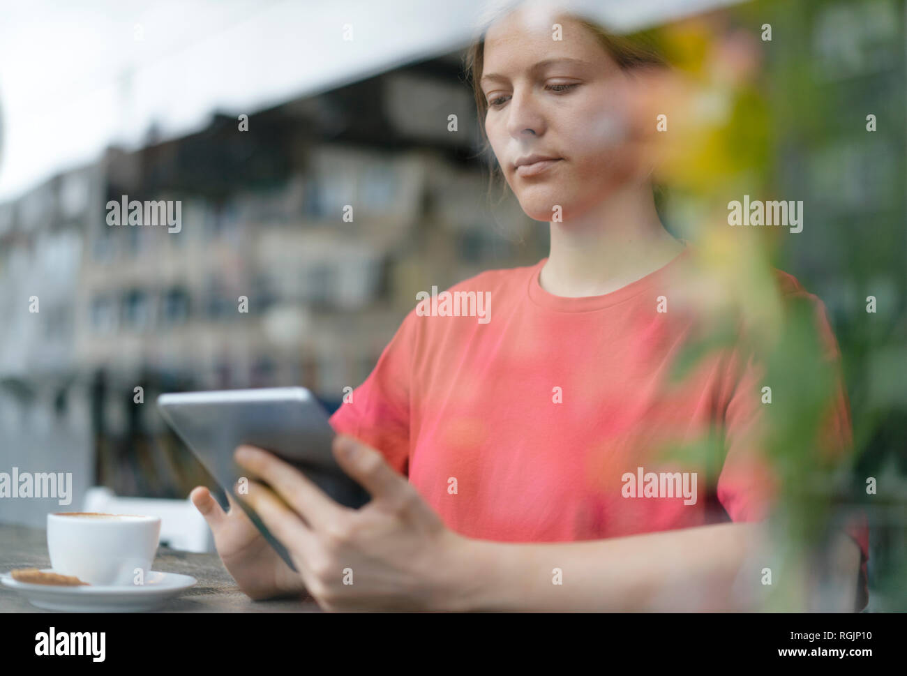 Junge Frau mit Tablet am Fenster in einem Cafe Stockfoto