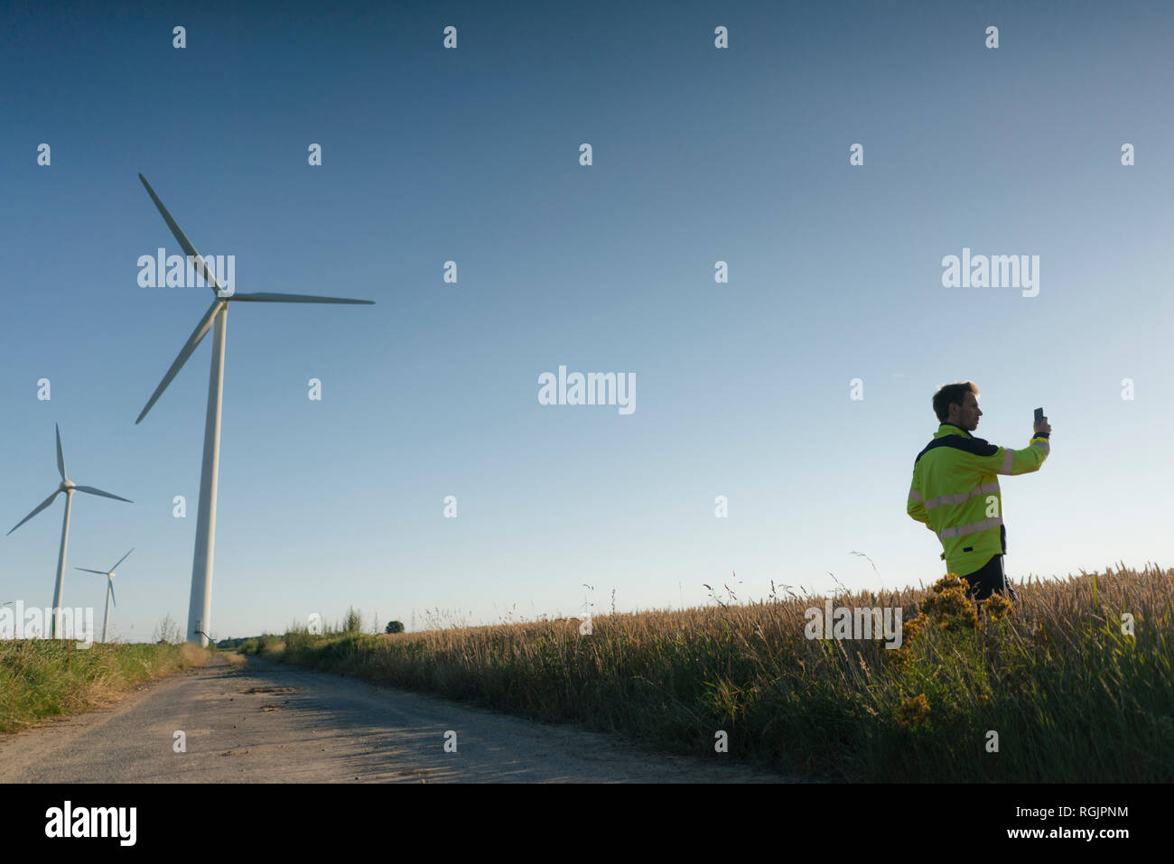 Ingenieur steht ein Feld an einem Wind mittels Handy Farm Stockfoto