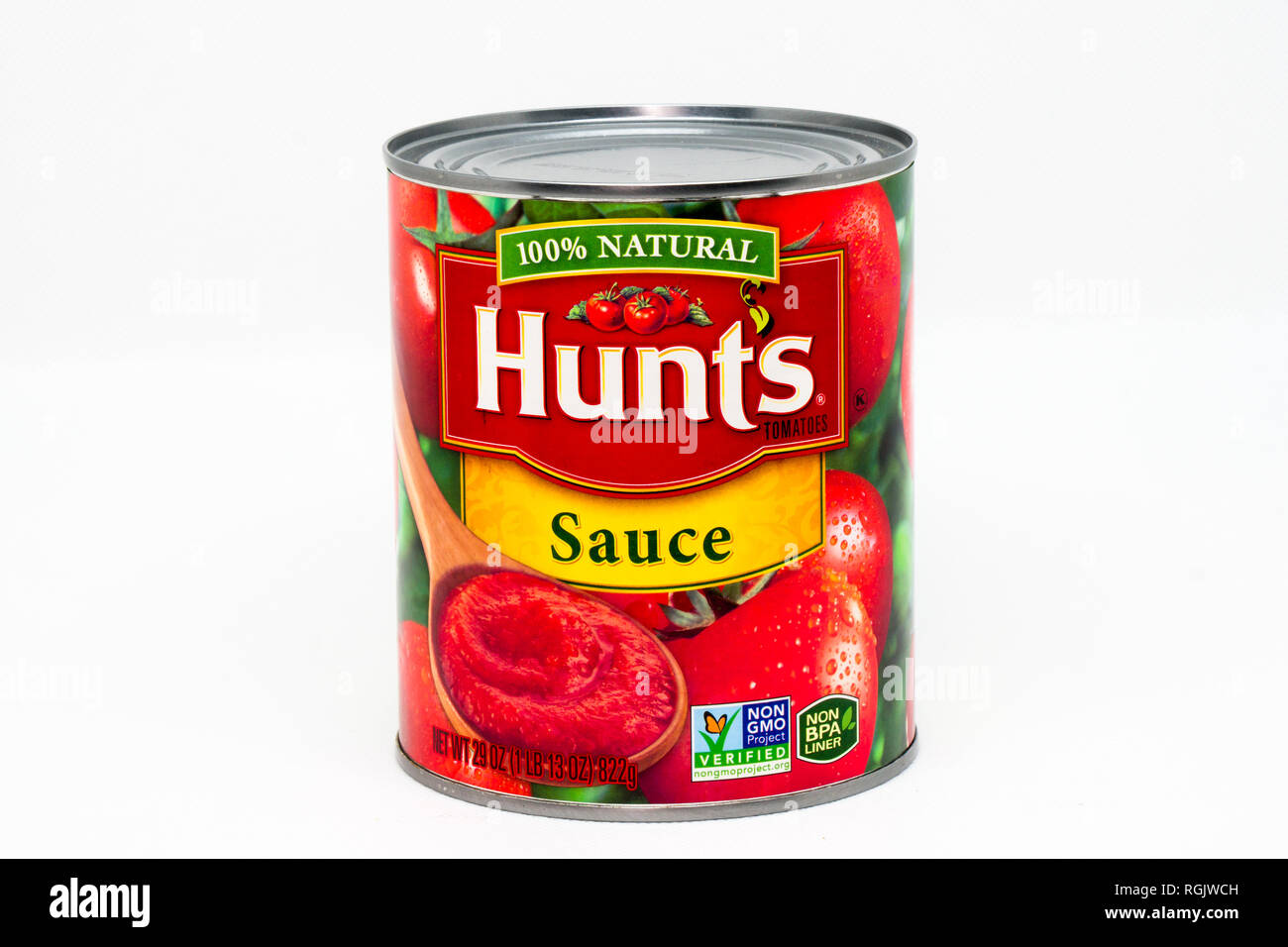 ST. PAUL, MN/USA - Januar 28, 2019: Hunt's Marke Tomatensoße und Logo. Hunt's ist der Name einer Marke von Konserven aus Tomaten im Besitz von Stockfoto