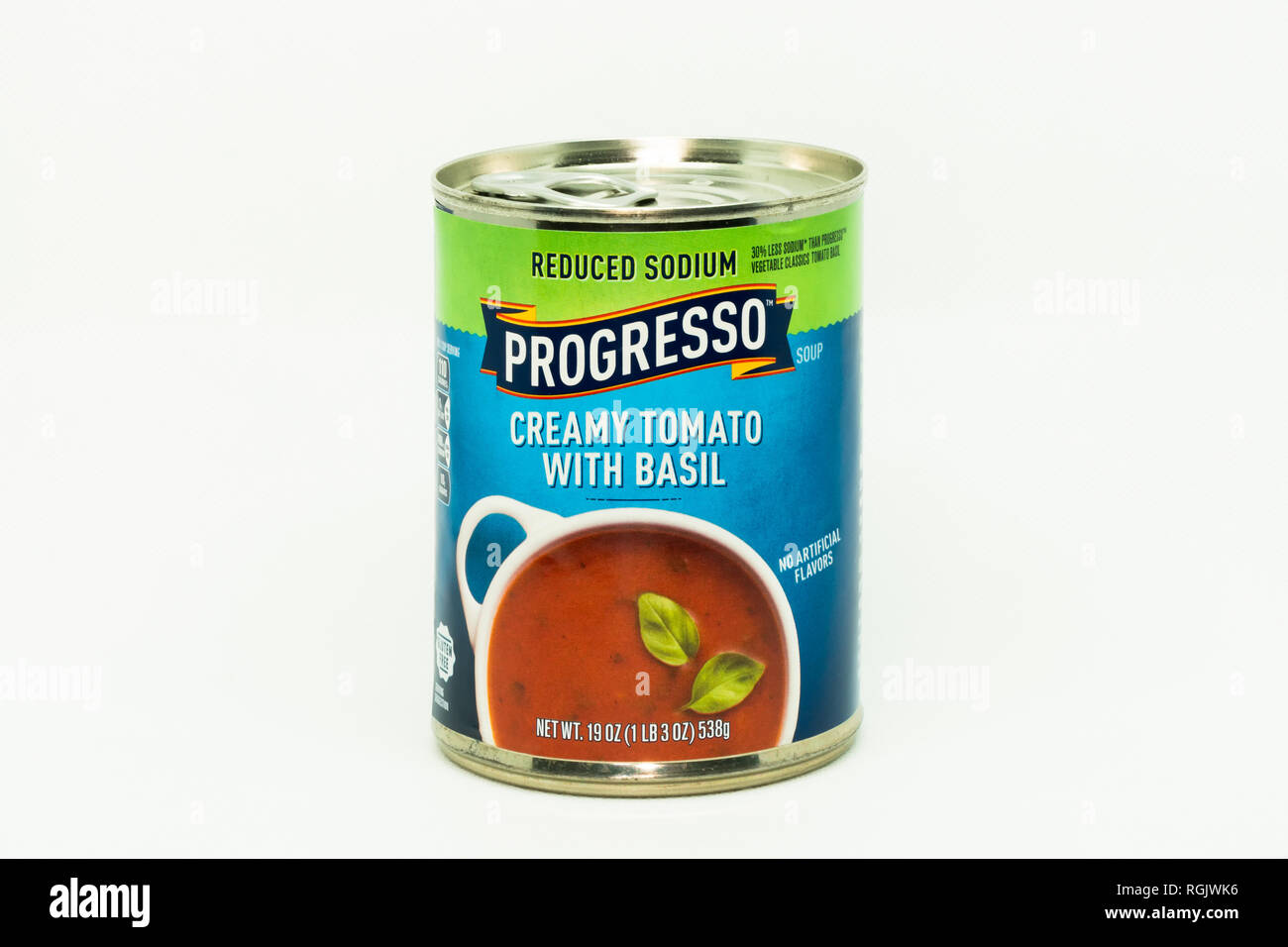 ST. PAUL, MN/USA - Januar 27, 2019: Progresso Tomate Basilikum Suppe und Logo. Stockfoto