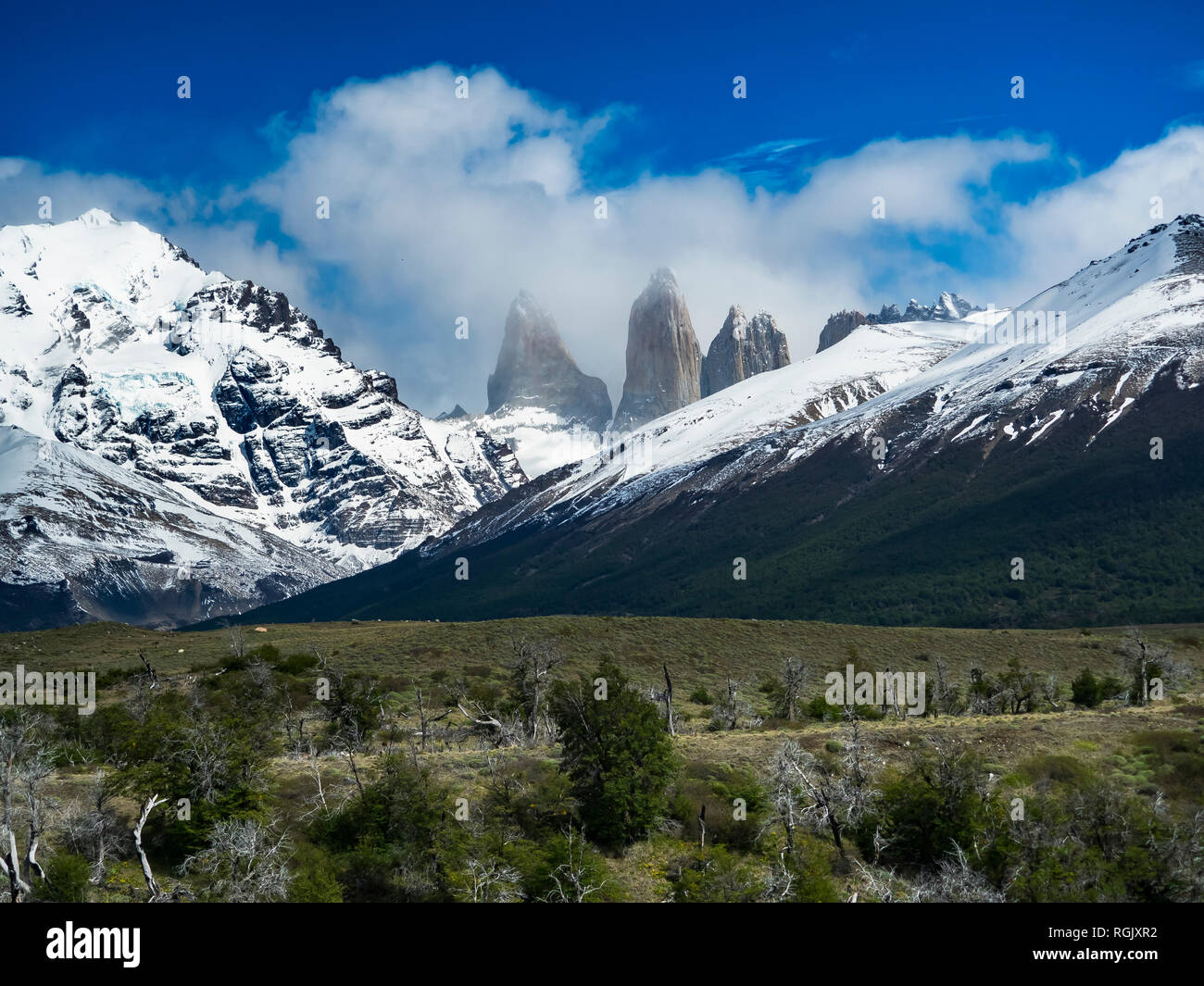 Chile, Patagonien, Magallanes y la Antarktis Chilena Region, Torres del Paine Nationalpark, Cerro Paine Grande und Cuernos Del Paine in der Nähe der Laguna Amarg Stockfoto