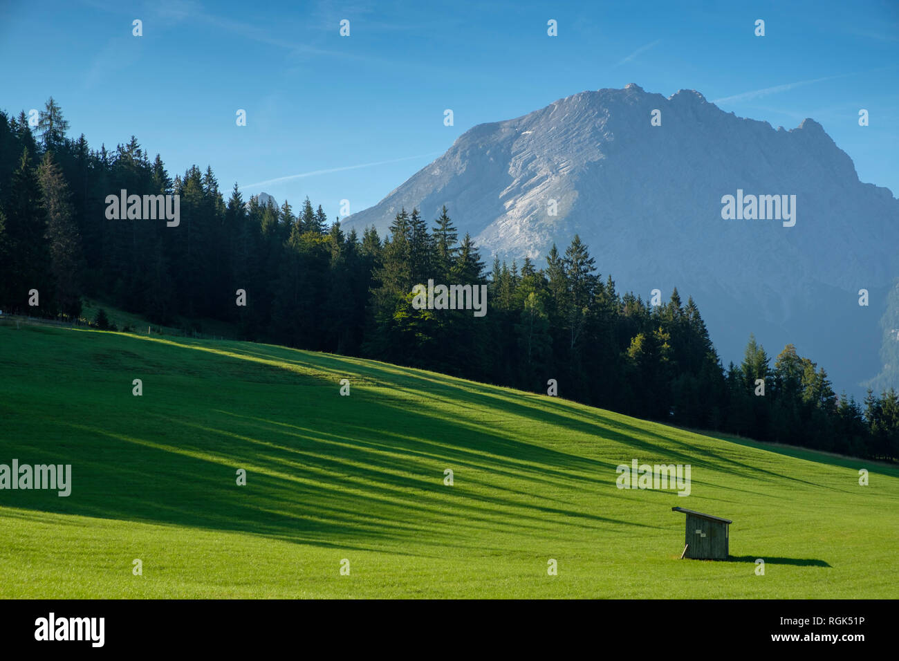 Deutschland, Bayern, Berchtesgadener Land, Berchtesgadener Alpen, Hochschwarzeck bei Ramsau, Watzmann im Hintergrund Stockfoto